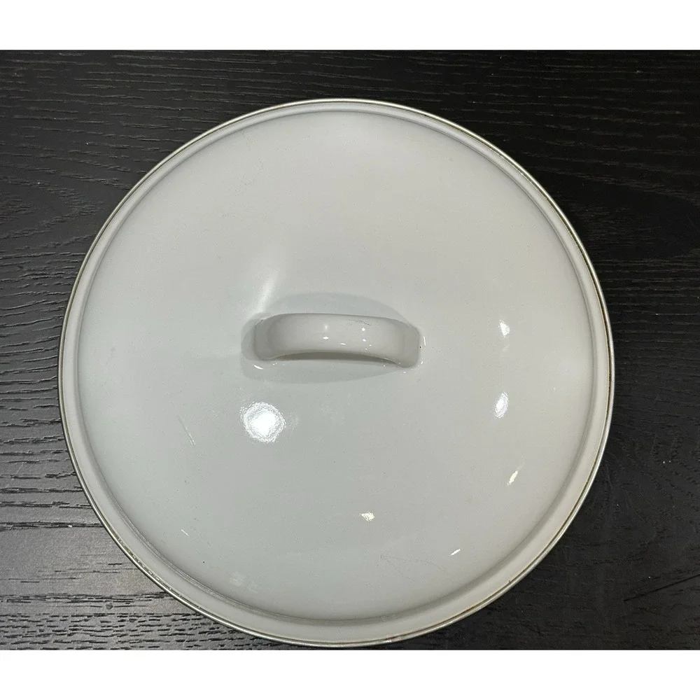 Vintage White Enamel Stock Pot with Lid 9.5 Diameter Camping Cottagecore Kitchen